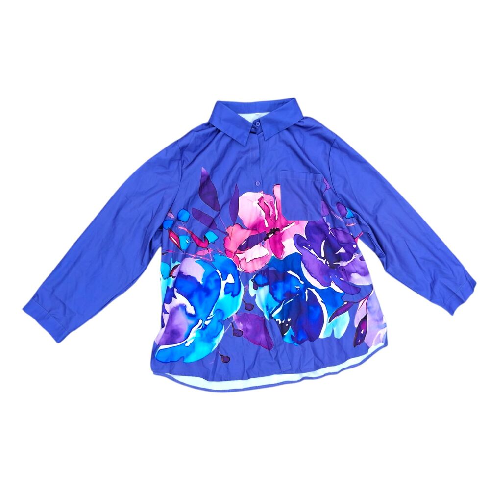 Plus Size 3X Bold Painterly Floral Button Down Blouse - Blue Pink Abstract